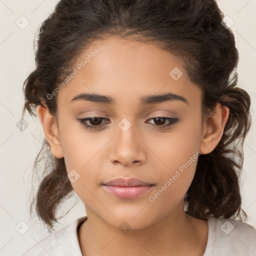 Neutral latino young-adult female with medium  brown hair and brown eyes