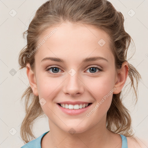 Joyful white child female with medium  brown hair and grey eyes