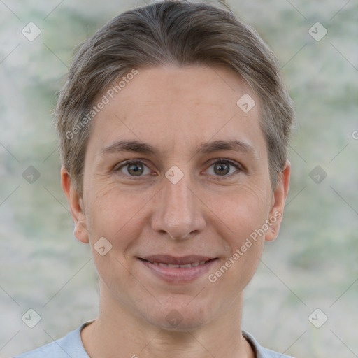 Joyful white adult female with short  brown hair and brown eyes