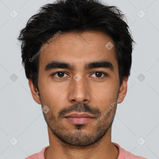 Neutral asian young-adult male with short  black hair and brown eyes