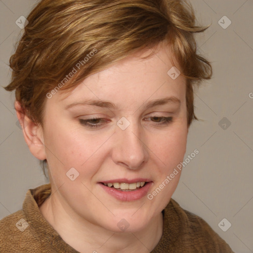 Joyful white young-adult female with medium  brown hair and blue eyes