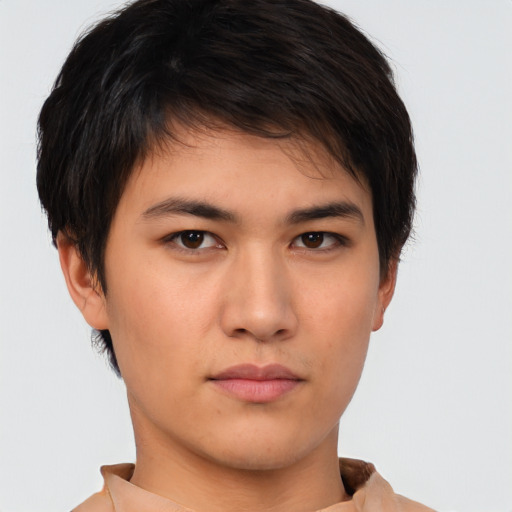 Neutral asian young-adult male with short  brown hair and brown eyes