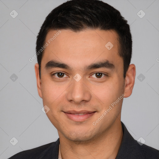 Joyful white young-adult male with short  black hair and brown eyes