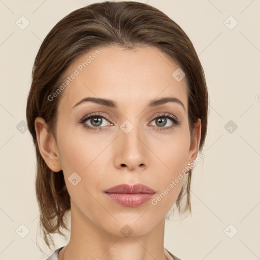 Neutral white young-adult female with medium  brown hair and brown eyes