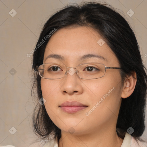 Joyful asian young-adult female with medium  brown hair and brown eyes