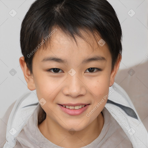 Joyful white child female with medium  brown hair and brown eyes