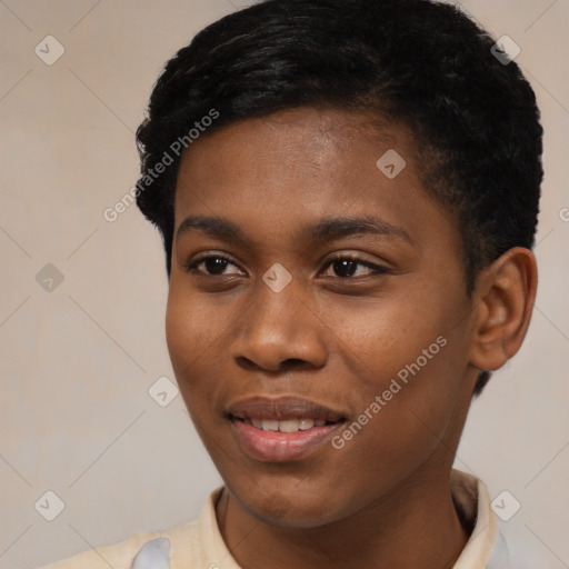 Joyful latino young-adult female with short  black hair and brown eyes