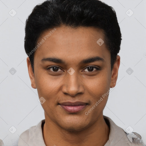 Joyful black young-adult male with short  black hair and brown eyes