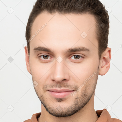 Neutral white young-adult male with short  brown hair and brown eyes