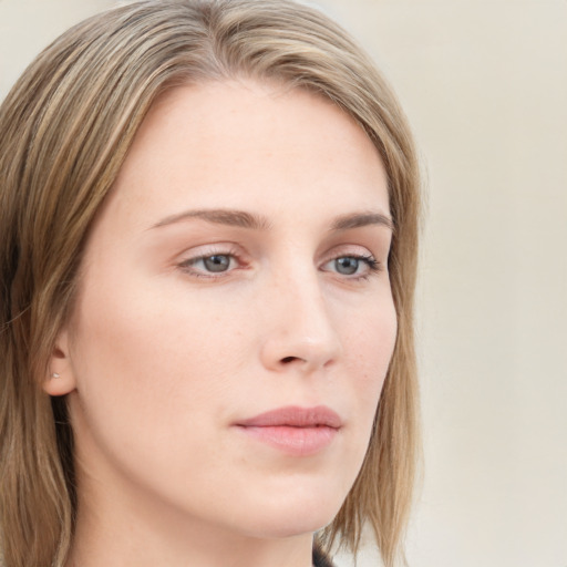 Neutral white young-adult female with long  brown hair and grey eyes