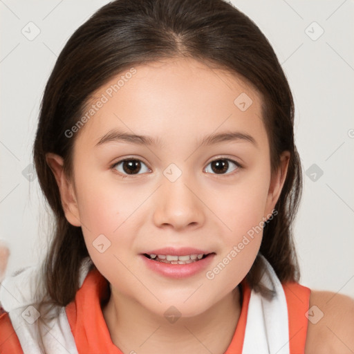 Joyful white child female with medium  brown hair and brown eyes