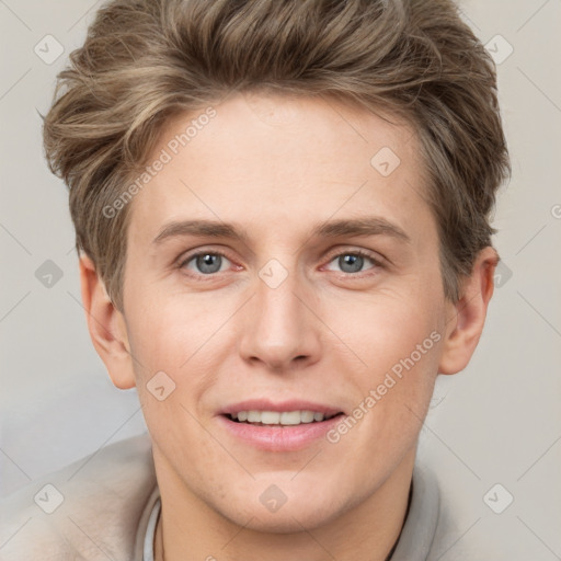 Joyful white adult female with short  brown hair and grey eyes