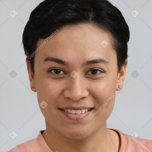 Joyful asian young-adult female with short  black hair and brown eyes