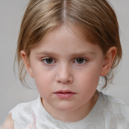 Neutral white child female with medium  brown hair and grey eyes