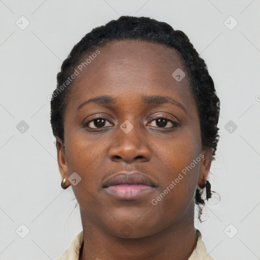 Neutral black young-adult female with short  brown hair and brown eyes