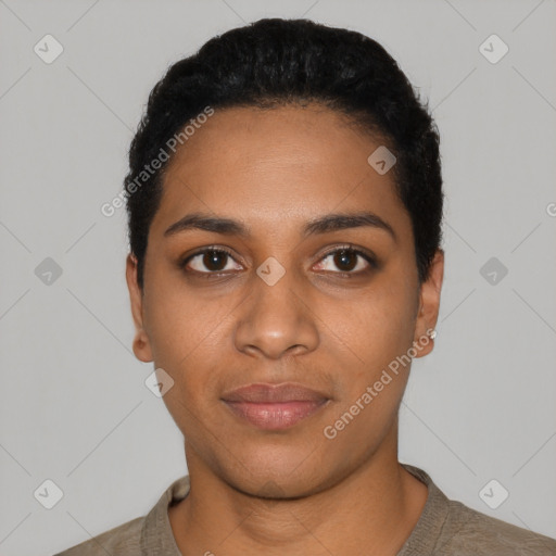 Neutral black young-adult female with short  black hair and brown eyes