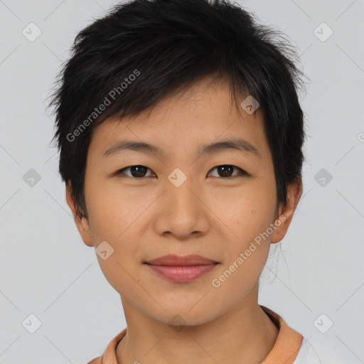 Joyful asian young-adult female with short  brown hair and brown eyes