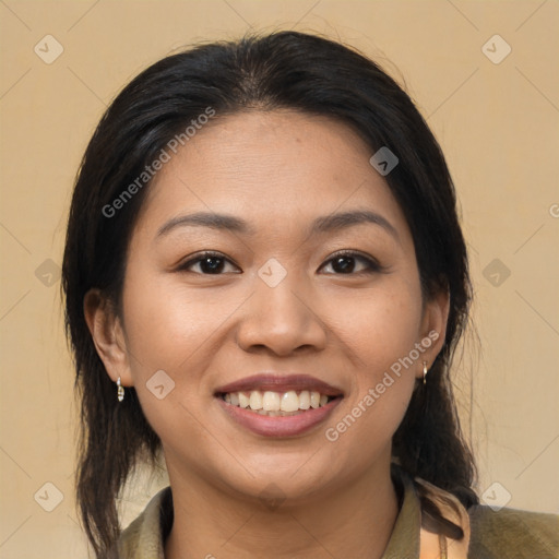 Joyful white young-adult female with medium  brown hair and brown eyes