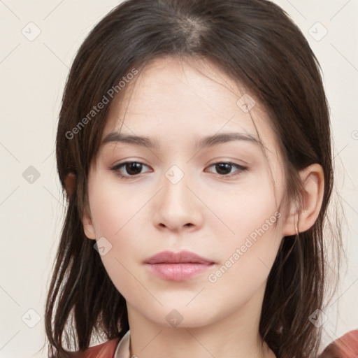 Neutral white young-adult female with medium  brown hair and brown eyes