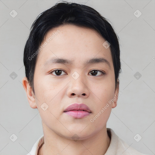 Neutral asian young-adult male with short  black hair and brown eyes