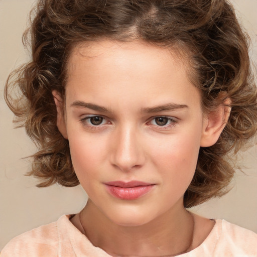 Joyful white child female with medium  brown hair and brown eyes