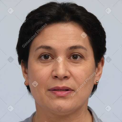 Joyful white adult female with short  brown hair and brown eyes