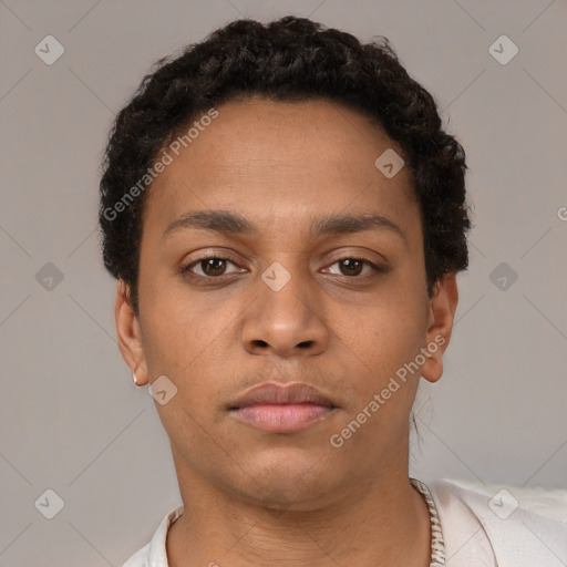 Neutral latino young-adult male with short  brown hair and brown eyes