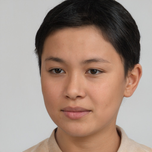 Neutral asian young-adult female with short  brown hair and brown eyes