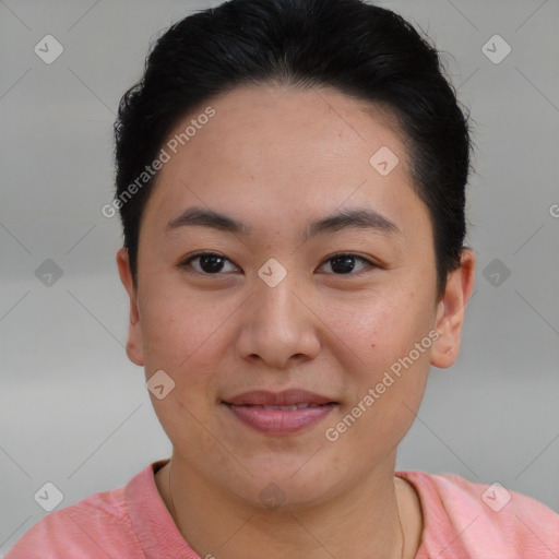 Joyful asian young-adult female with short  brown hair and brown eyes