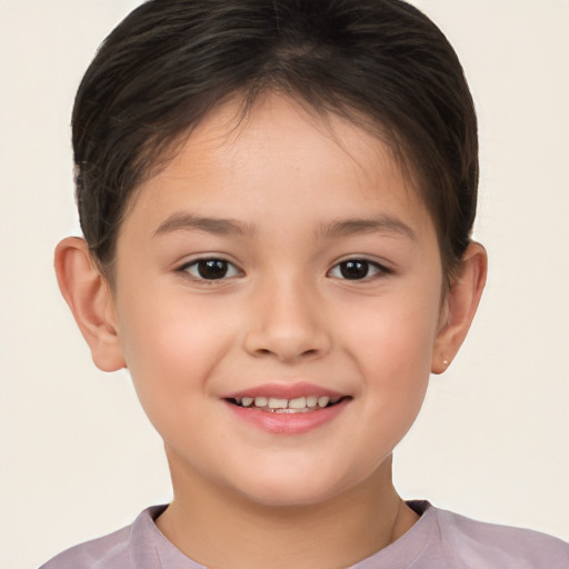 Joyful white child female with short  brown hair and brown eyes