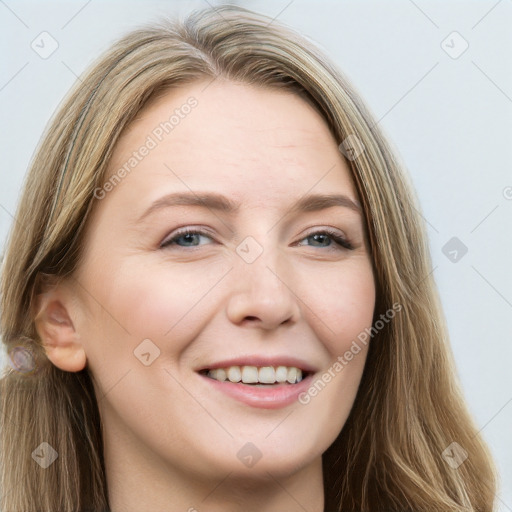 Joyful white young-adult female with long  brown hair and grey eyes