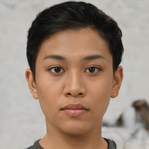 Neutral latino young-adult female with short  brown hair and brown eyes