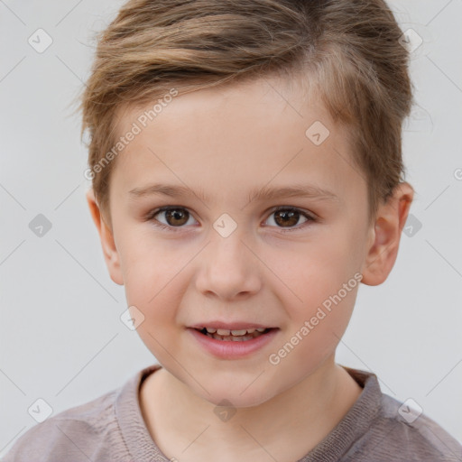 Joyful white child male with short  brown hair and brown eyes