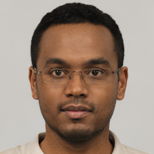 Neutral black young-adult male with short  black hair and brown eyes