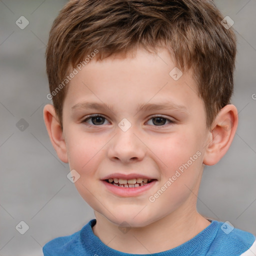 Joyful white child male with short  brown hair and brown eyes