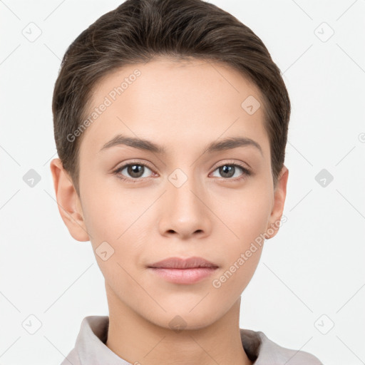 Neutral white young-adult female with short  brown hair and brown eyes