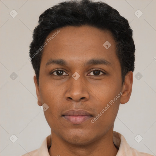 Neutral black young-adult male with short  black hair and brown eyes