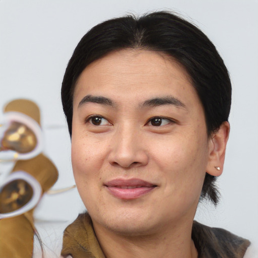 Joyful asian young-adult female with medium  brown hair and brown eyes