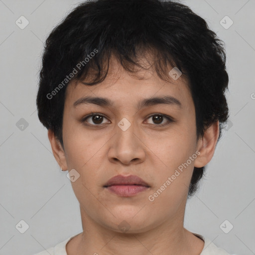 Neutral asian young-adult female with short  black hair and brown eyes