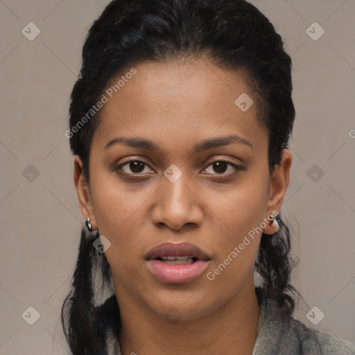 Joyful latino young-adult female with short  black hair and brown eyes