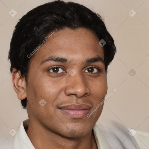 Joyful latino young-adult male with short  brown hair and brown eyes