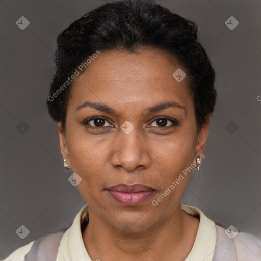 Neutral black adult female with short  brown hair and brown eyes