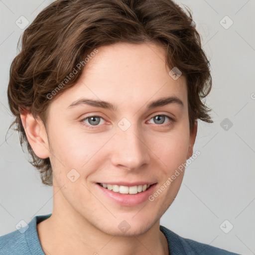 Joyful white young-adult female with medium  brown hair and blue eyes