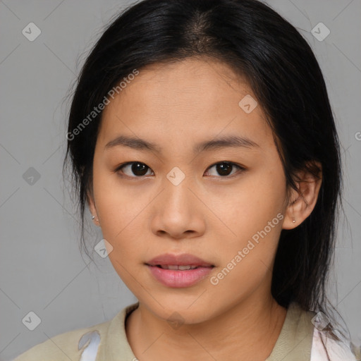 Neutral asian young-adult female with medium  brown hair and brown eyes