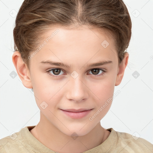 Joyful white child female with short  brown hair and brown eyes