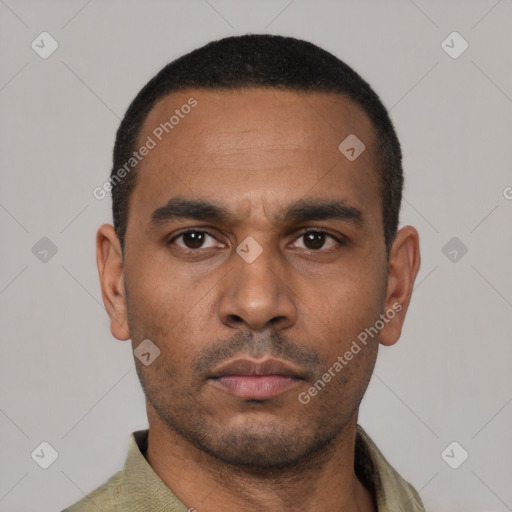Neutral latino young-adult male with short  black hair and brown eyes