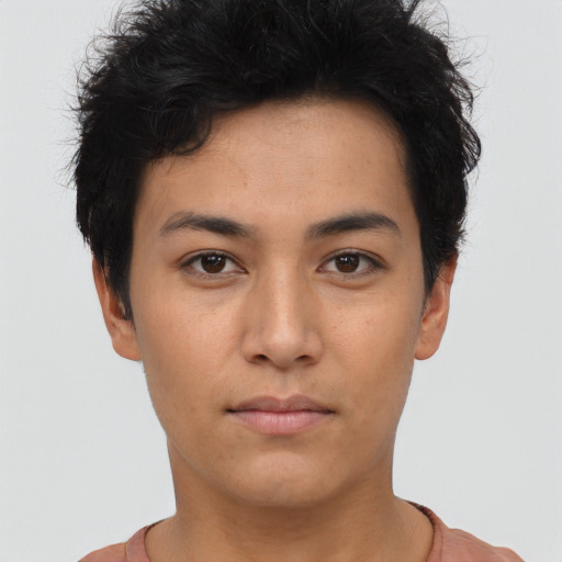 Neutral asian young-adult female with short  black hair and brown eyes