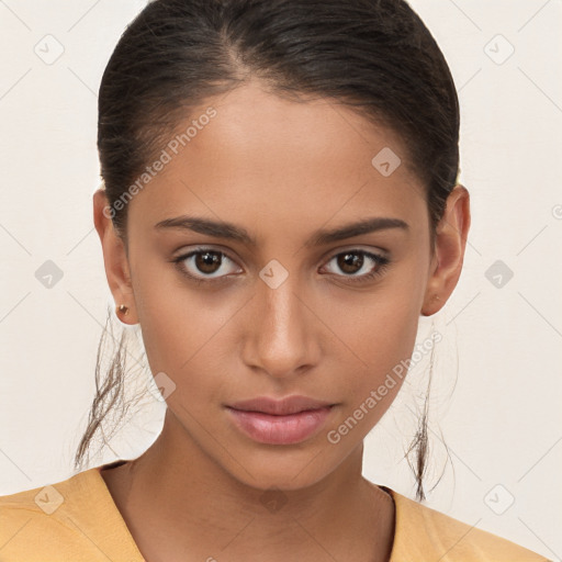 Neutral white young-adult female with medium  brown hair and brown eyes