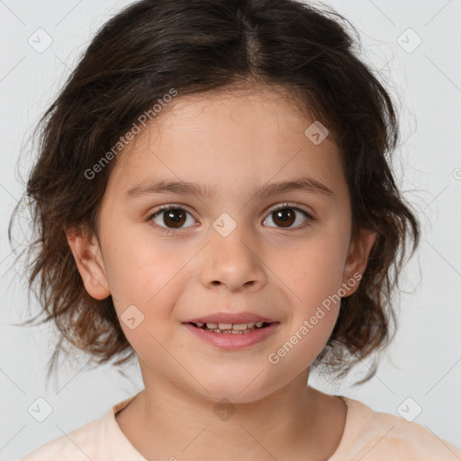 Joyful white child female with medium  brown hair and brown eyes