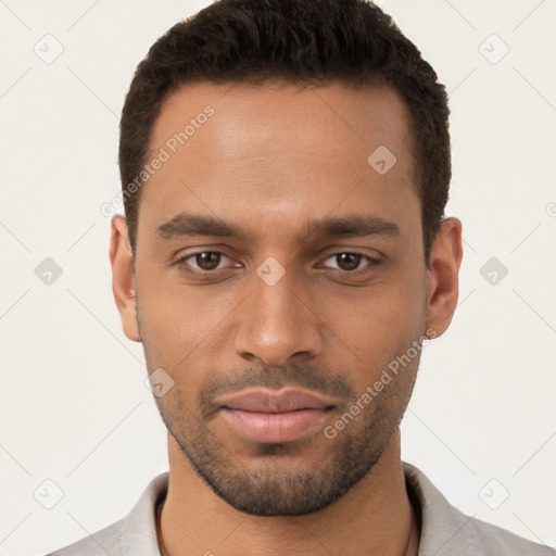 Neutral white young-adult male with short  brown hair and brown eyes